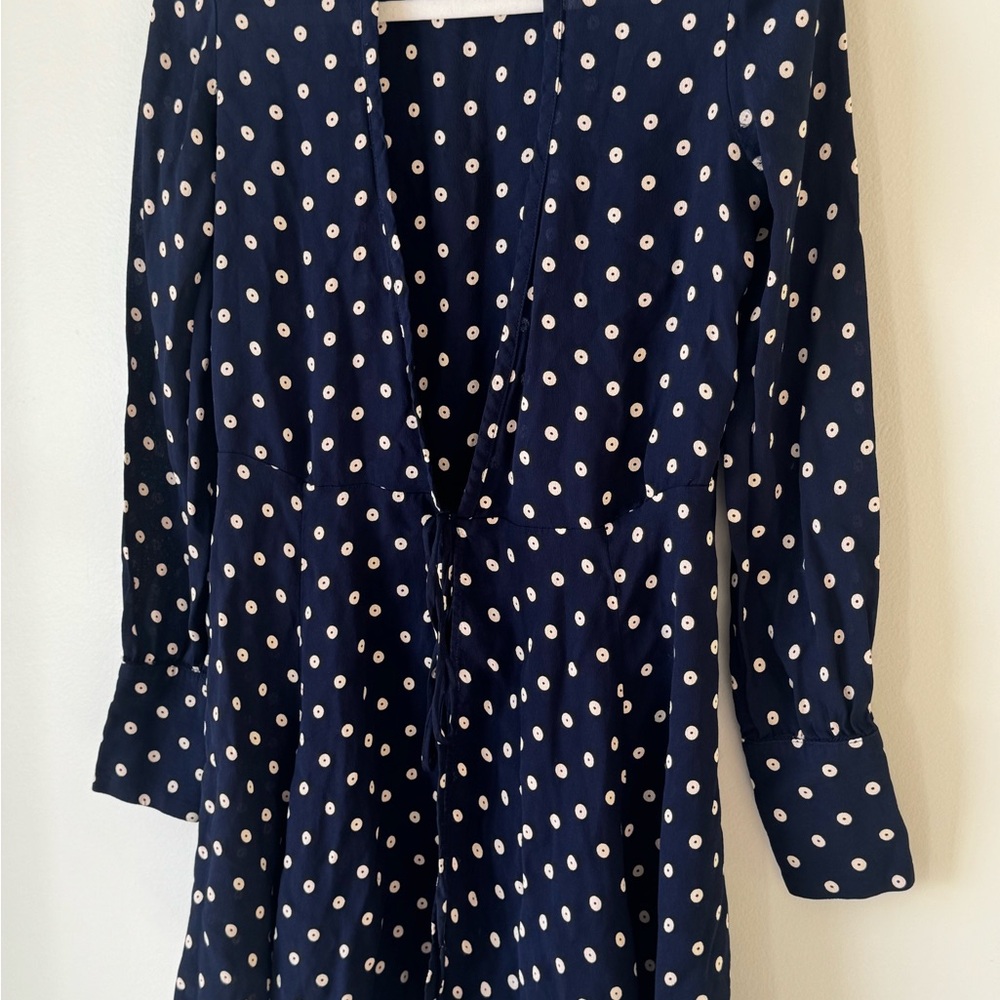 Reformation Long Sleeve Size Small (2-4) Navy and Cream White Polka Dot Dress - Picture 3 of 15